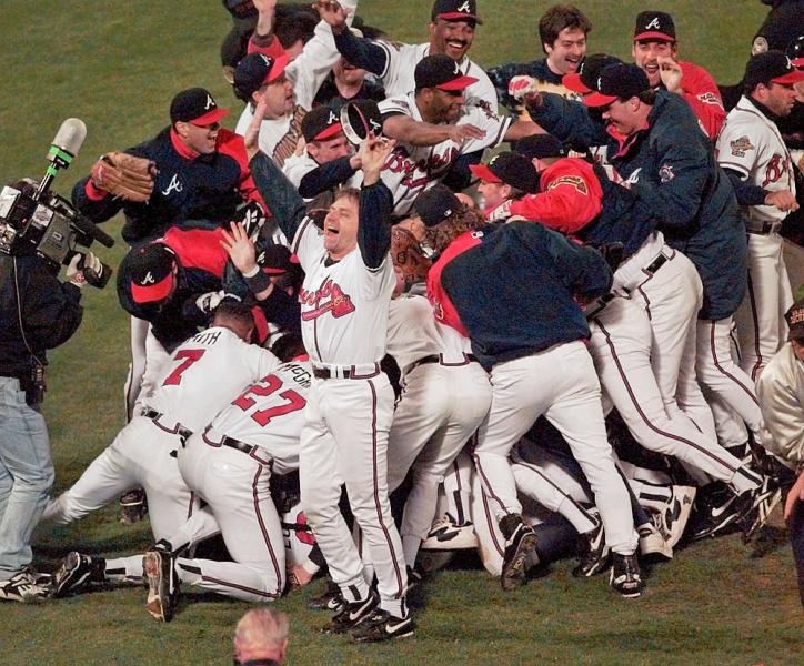 The Atlanta Braves celebrate after Game Six of the World Series Saturday, Oct. 28, 1995, in Atlanta.  The Braves beat the Cleveland Indians 1-0 to win the best-of-seven series 4-2. (AP Photo/Ed Reinke)