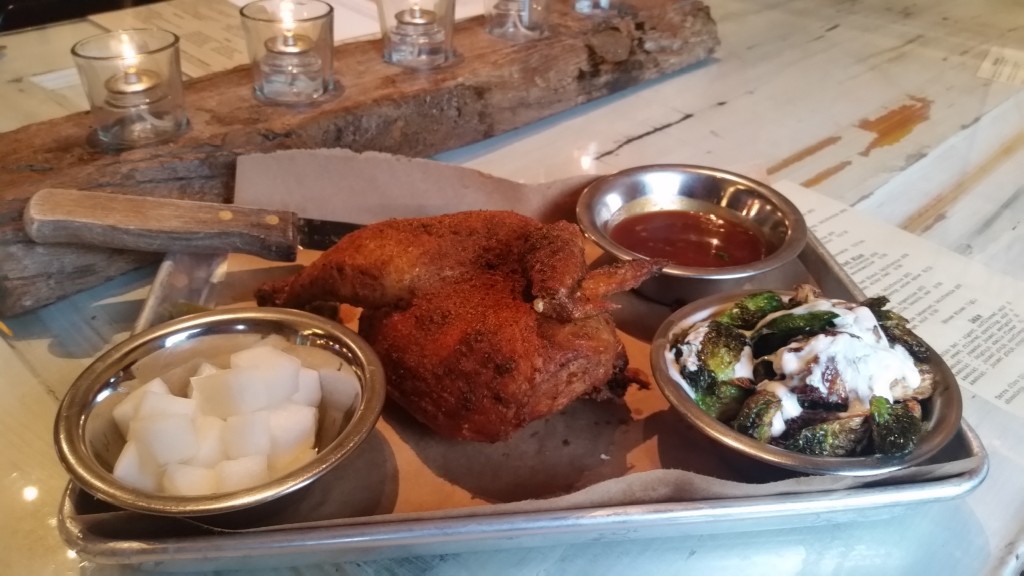PB's Rotisserie Chicken with  beer-barbecue sauce, mu (pickled daikon), and brussels sprouts
