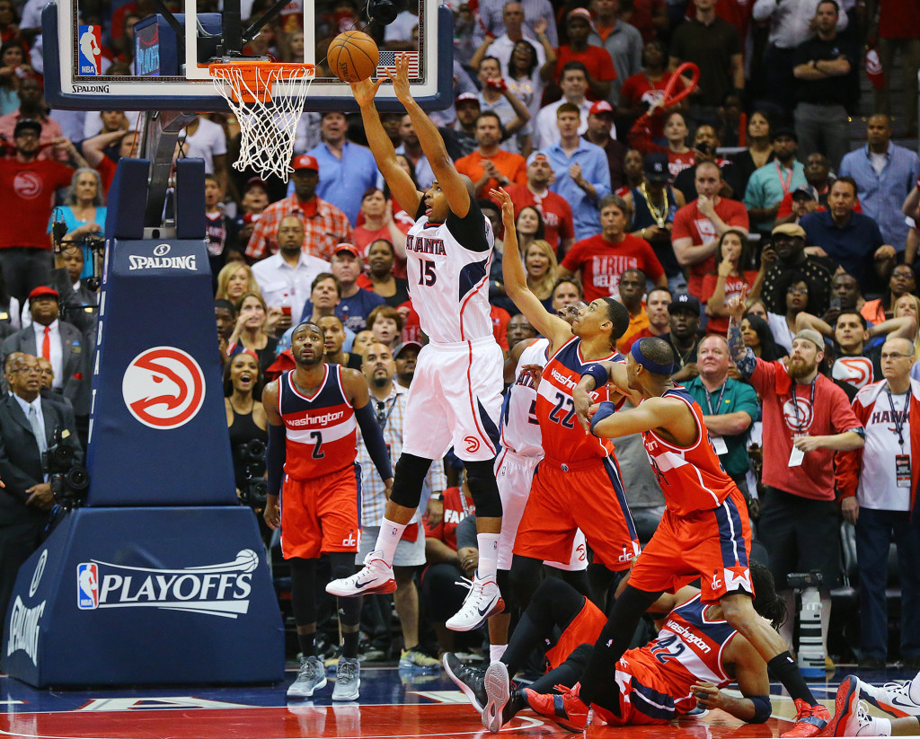 The Atlanta Hawks' Al Horford hits the game-winning shot to beat the Washington Wizards, 82-81, in Game 5 of the Eastern Conference semifinals on Wednesday, May 13, 2015, at Philips Arena in Atlanta. The win gives the Hawks a 3-2 series lead. (Curtis Compton/Atlanta Journal-Constitution/TNS)