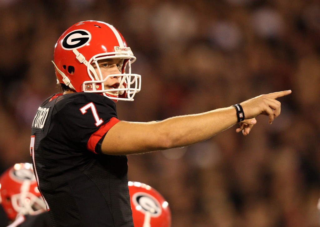 ATHENS, GA - SEPTEMBER 27: Quarterback Matthew Stafford #7 of the Georgia Bulldogs points out assignments at the line of scrimmage while taking on the Alabama Crimson Tide at Sanford Stadium on September 27, 2008 in Athens, Georgia. Alabama defeated Georgia 41-30. (Photo by Doug Benc/Getty Images)