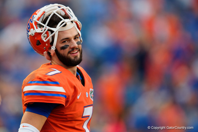 Florida Gators quarterback Will Grier flashes a smile during pregame as the Gators knock off the #3 ranked Ole Miss Rebels 38-10 at home. Florida Gators vs Ole Miss Rebels. October 3rd, 2015. Gator Country photo by David Bowie.