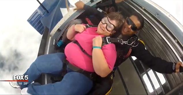 Credit: WAGA-TV Bennett skydiving off the generosity of others.