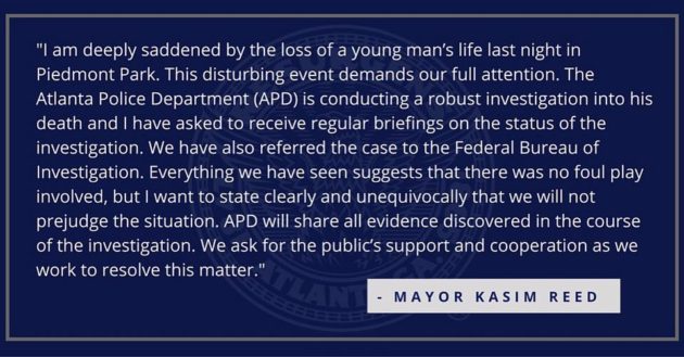 Kasim Reed's statement on Piedmont hanging