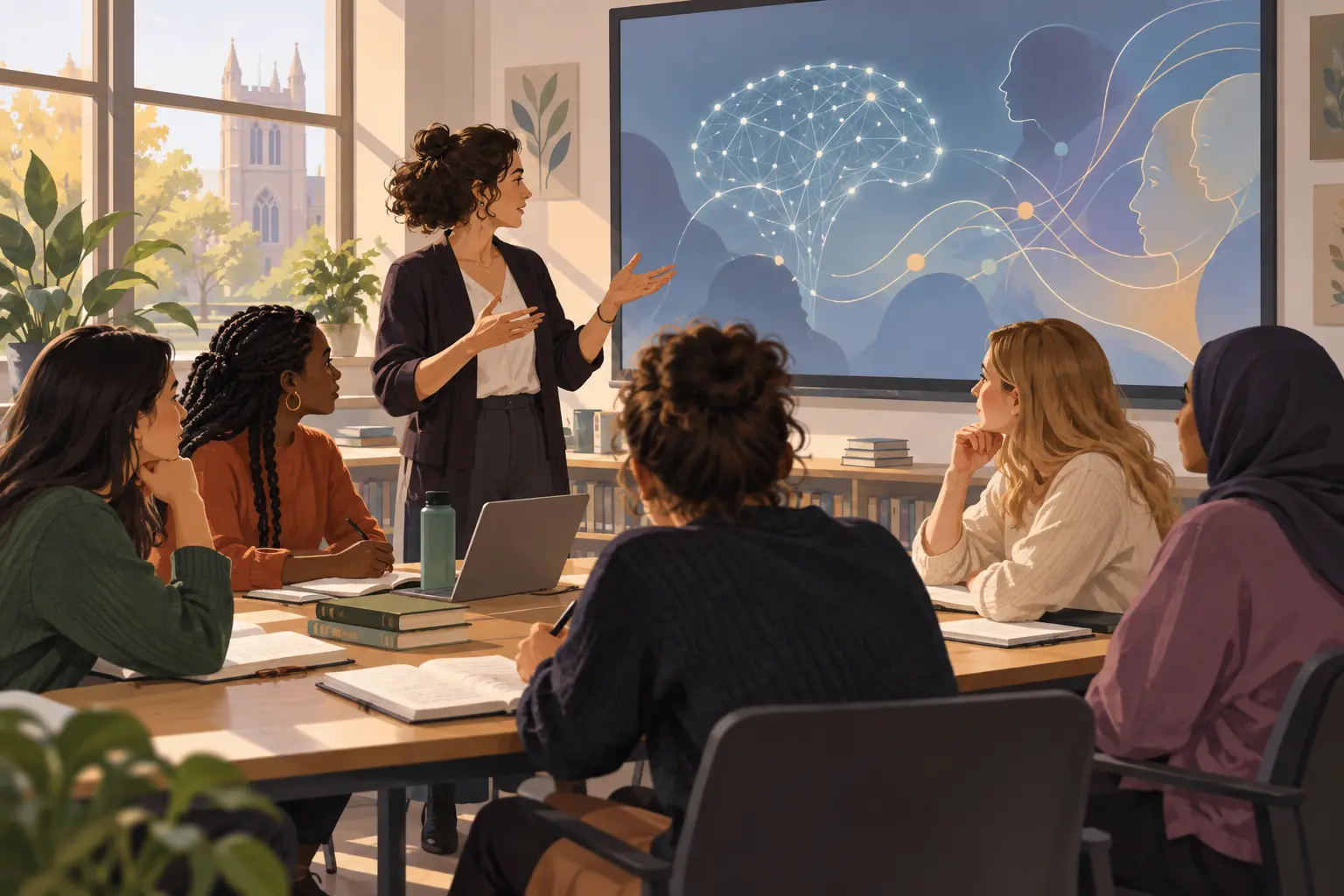 AI-generated illustration of students and a professor discussing human judgment and artificial intelligence in a college seminar.