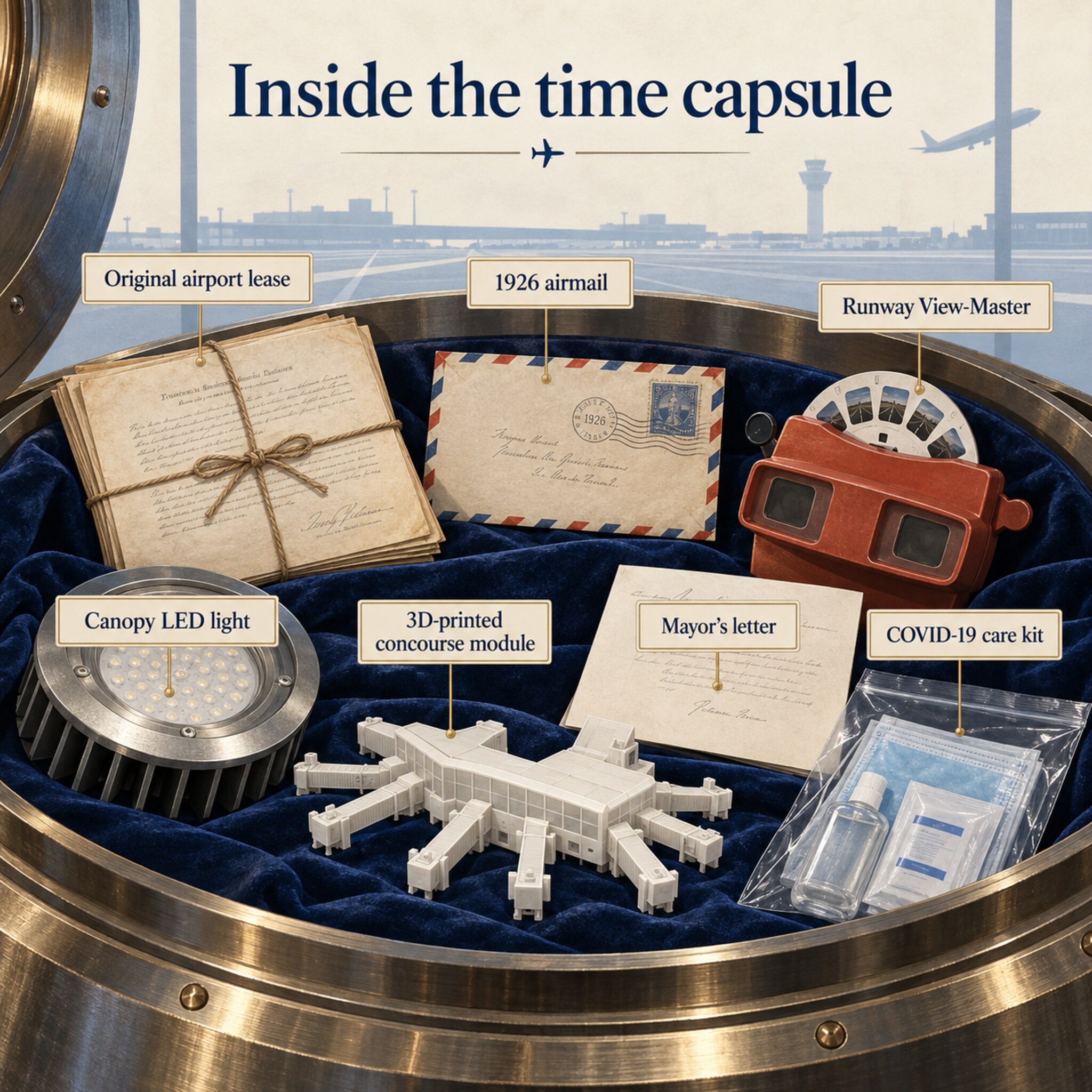 AI-generated illustration showing selected verified objects placed inside Hartsfield-Jackson’s centennial time capsule.
