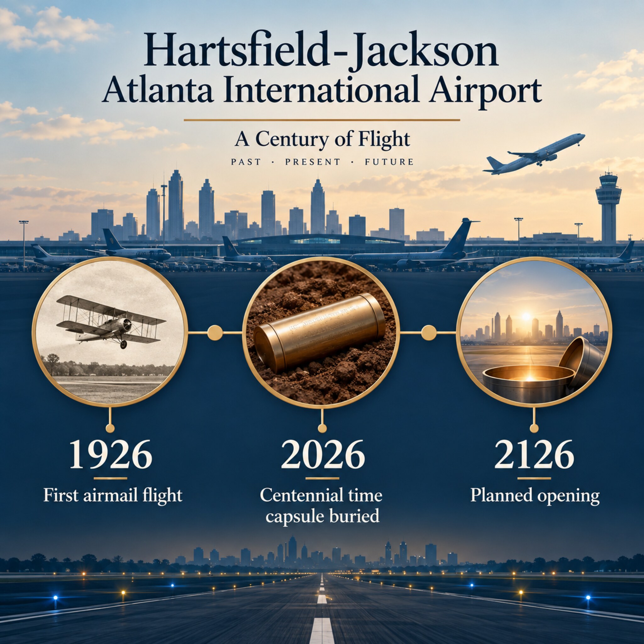 AI-generated illustration showing the 1926 first airmail flight, the 2026 centennial burial and the planned 2126 opening.