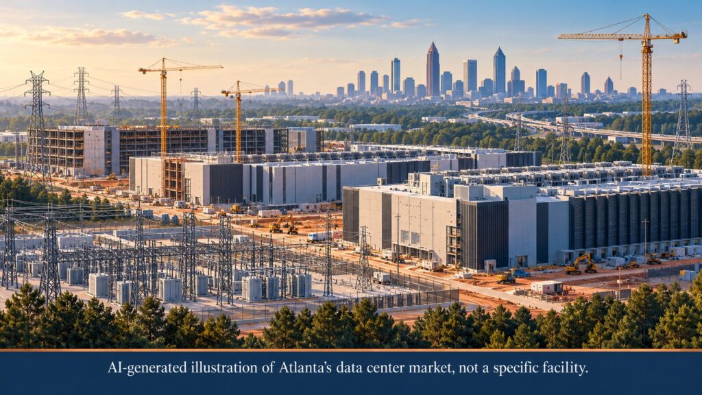 AI-generated illustration of data centers and electrical infrastructure in metro Atlanta
