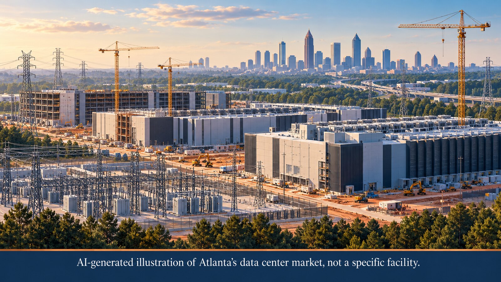 AI-generated illustration of data centers and electrical infrastructure in metro Atlanta.