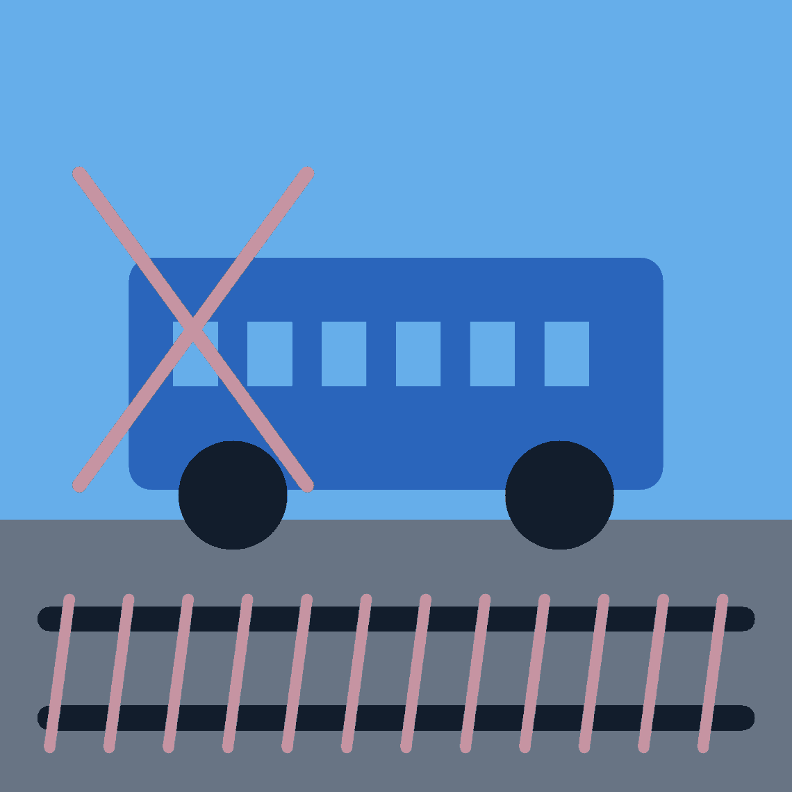 AI-generated illustration of a freight train blocking an urban road crossing.