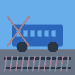 AI-generated illustration of a freight train blocking an urban road crossing.