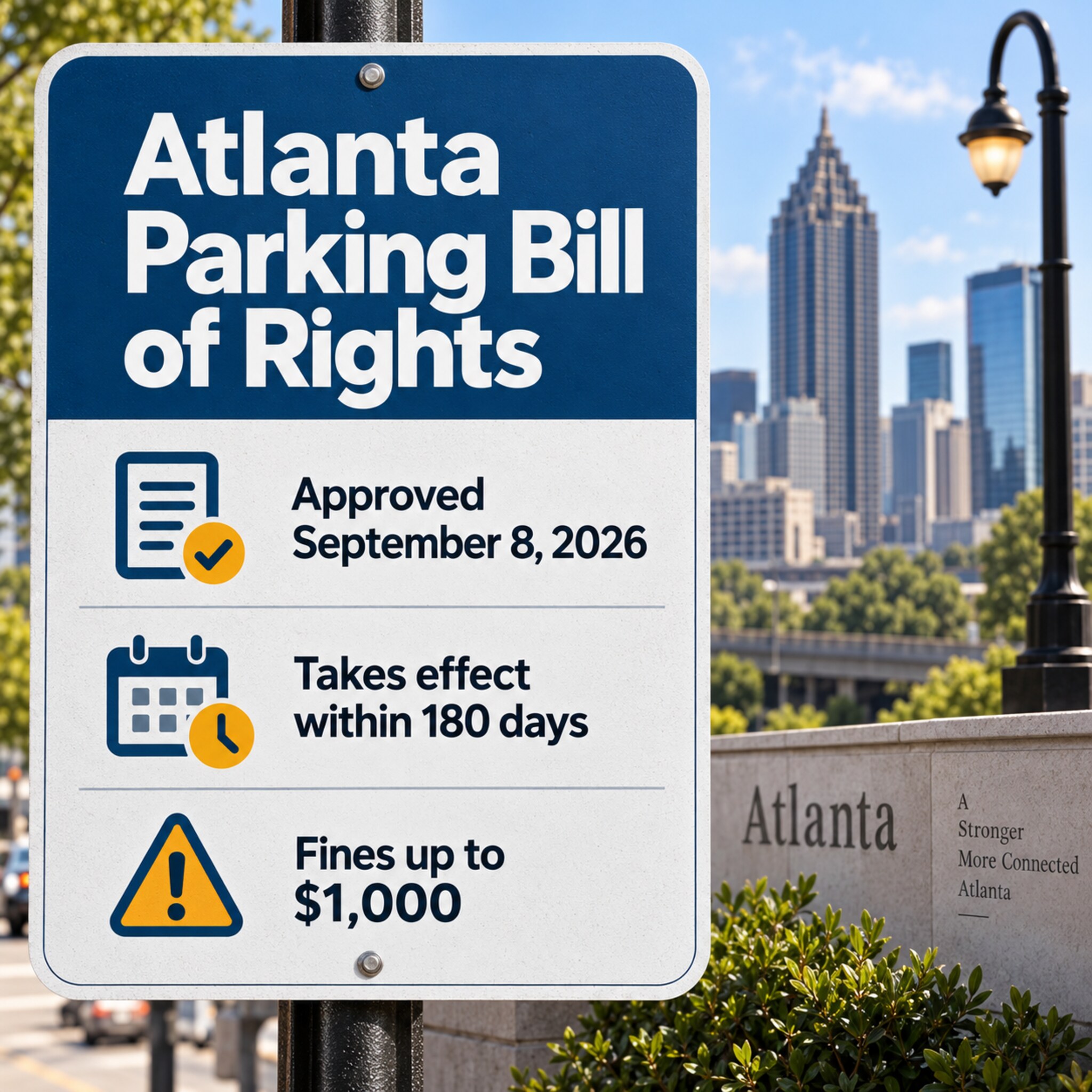 AI-generated illustration stating that Atlanta’s Parking Bill of Rights was approved September 8, 2026, takes effect within 180 days and allows fines up to $1,000.