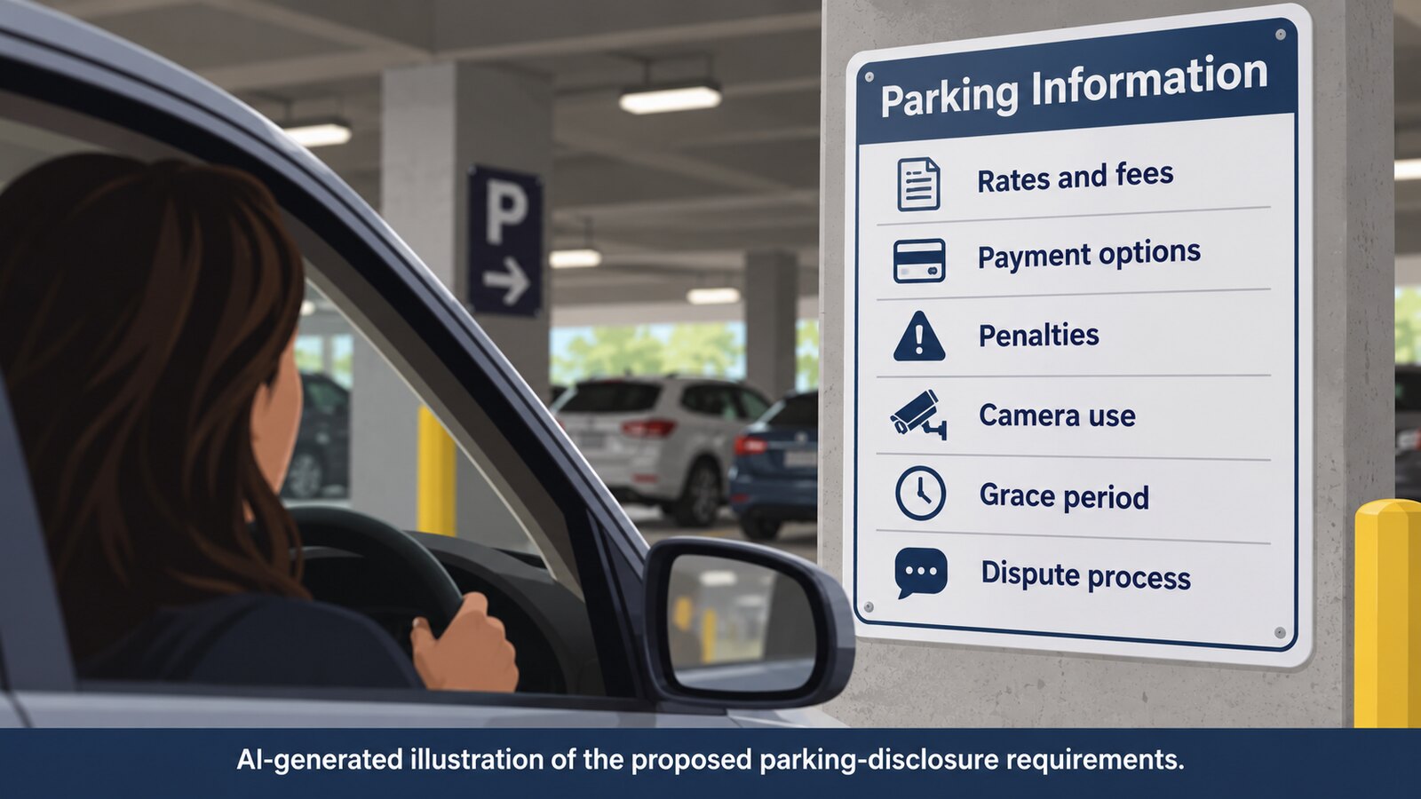 AI-generated illustration of a driver reading clearly posted parking prices, penalties and payment methods.
