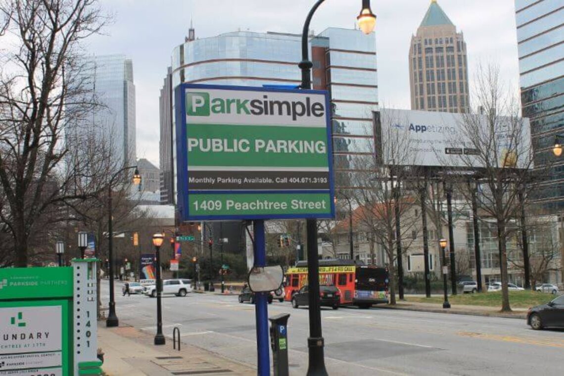 A public parking sign on Peachtree Street in Atlanta; ParkSimple file photo.