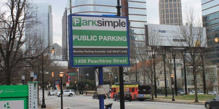 A public parking sign on Peachtree Street in Atlanta; ParkSimple file photo.