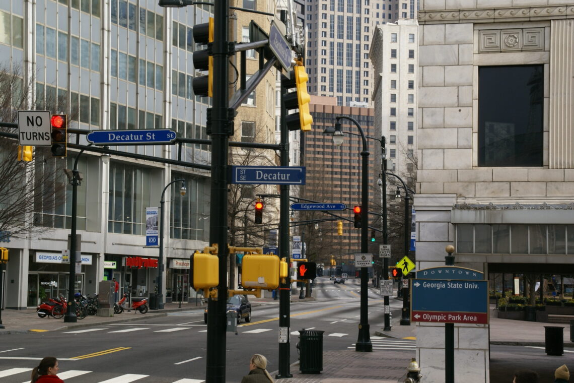 Traffic signals, crosswalks and sidewalks at Peachtree and Decatur streets in downtown Atlanta in 2013