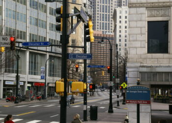 Traffic signals, crosswalks and sidewalks at Peachtree and Decatur streets in downtown Atlanta in 2013