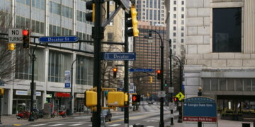 Traffic signals, crosswalks and sidewalks at Peachtree and Decatur streets in downtown Atlanta in 2013