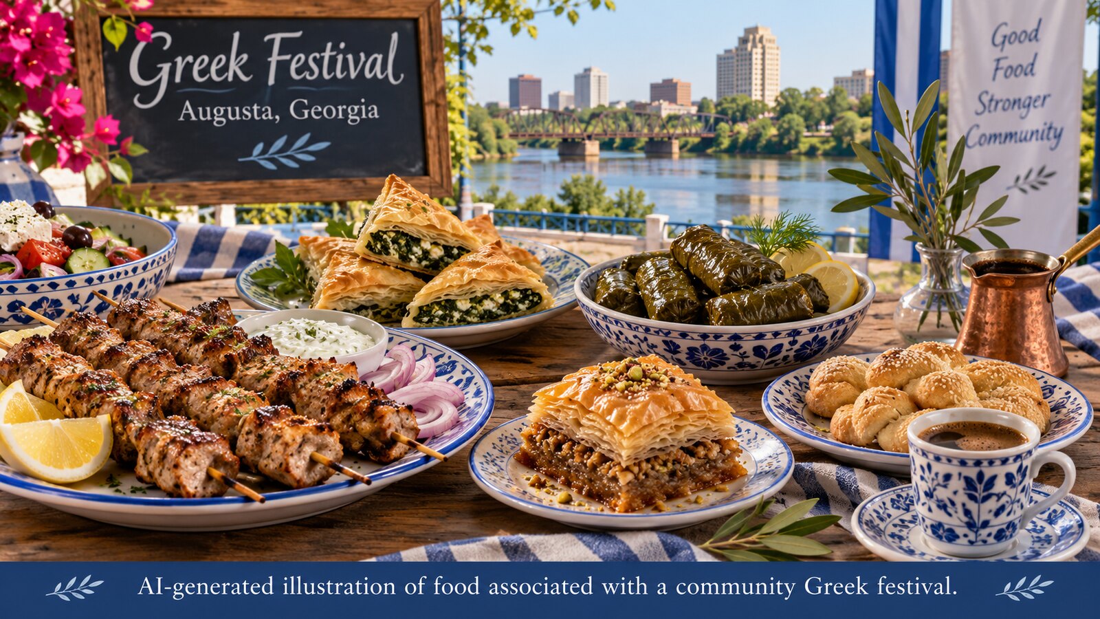 AI-generated illustration of Greek entrees, pastries and coffee.