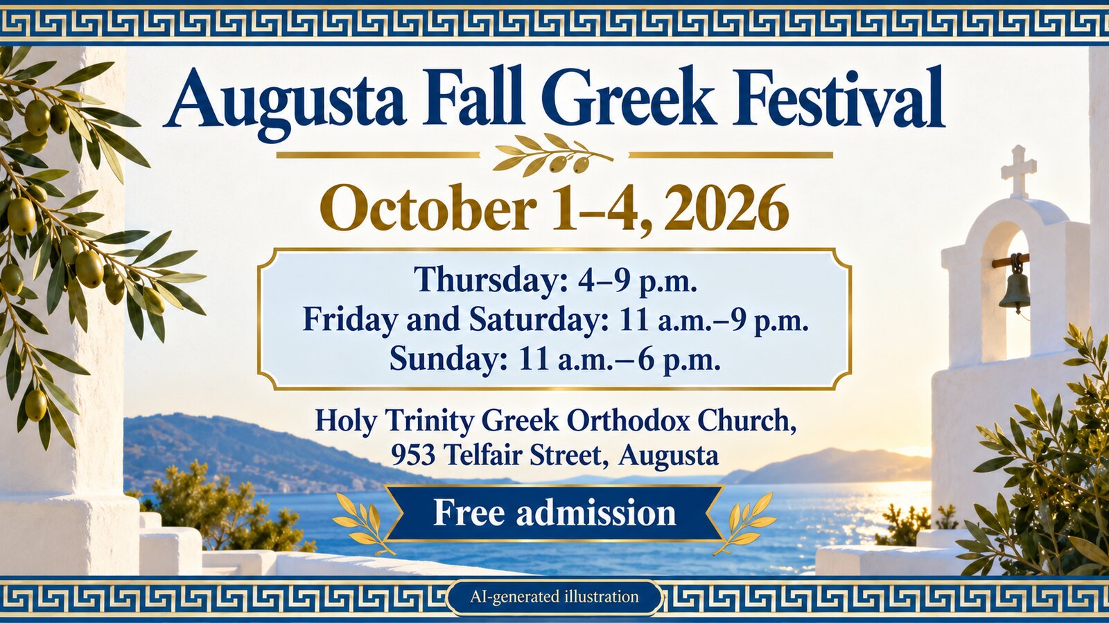 AI-generated illustration listing the Augusta Greek Festival dates, daily hours, address and free-admission notice.