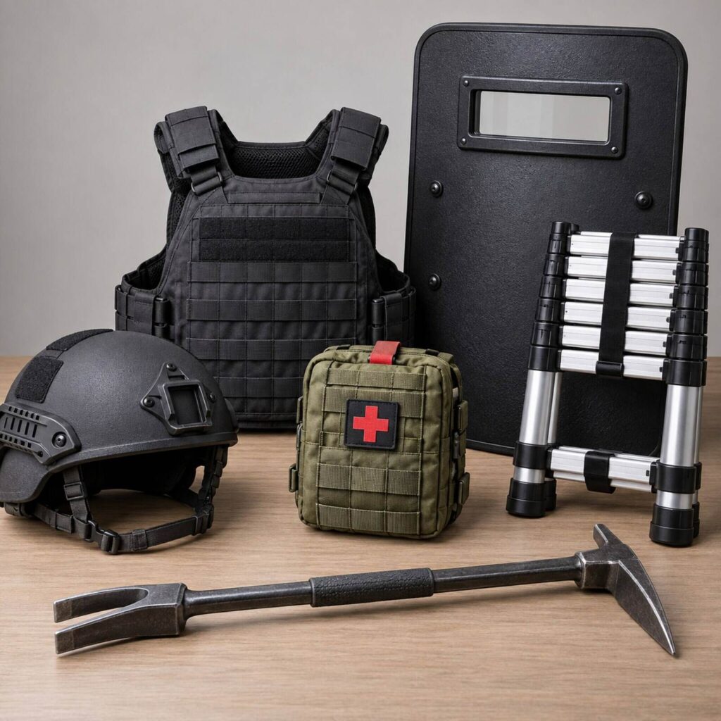 AI-generated illustration of protective equipment, medical supplies, a shield, ladder and entry tool.