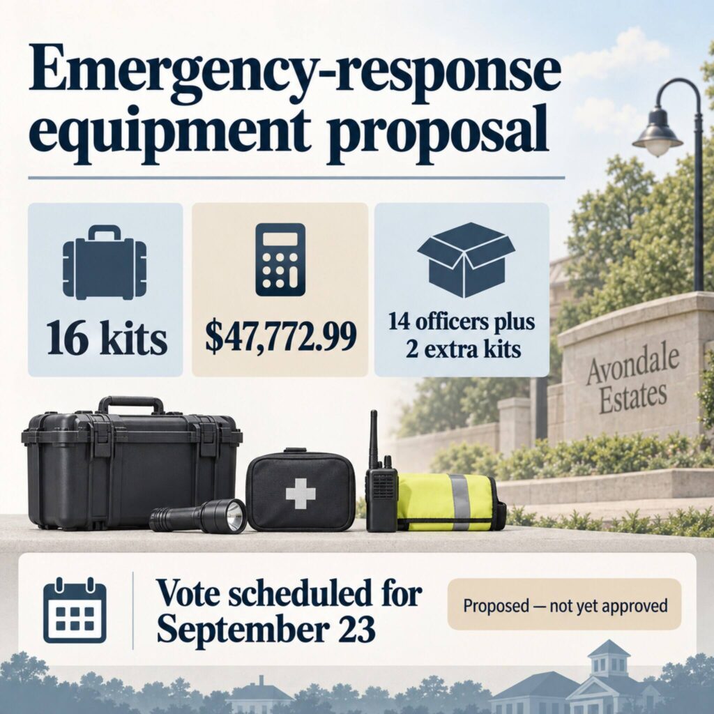 AI-generated illustration showing a $47,772.99 proposal for 16 emergency-response kits and a September 23 vote.