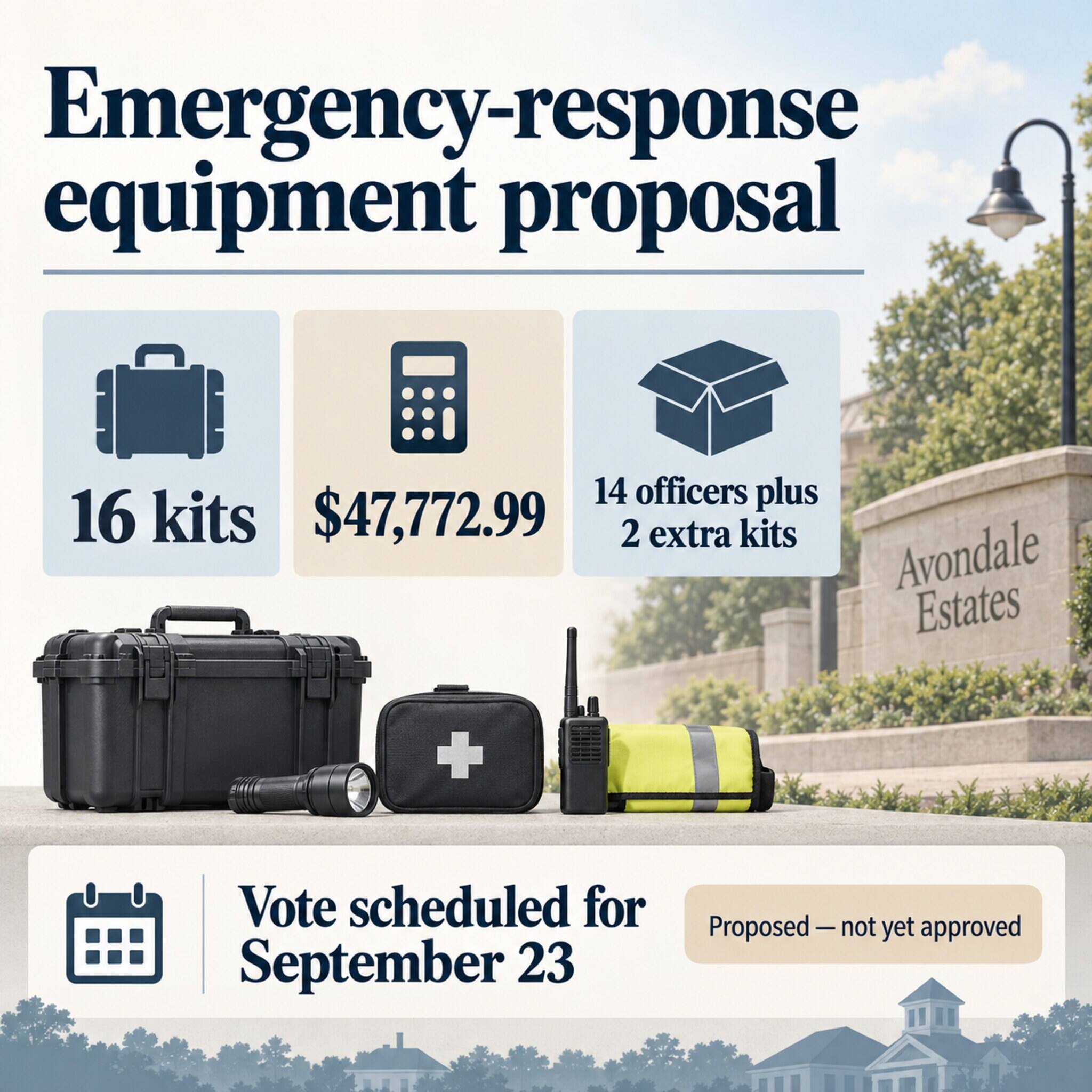 AI-generated illustration showing a $47,772.99 proposal for 16 emergency-response kits and a September 23 vote.