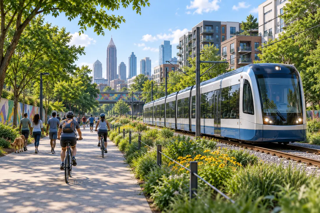 AI-generated illustration of light rail operating beside the Atlanta BeltLine trail; conceptual and not a final design.