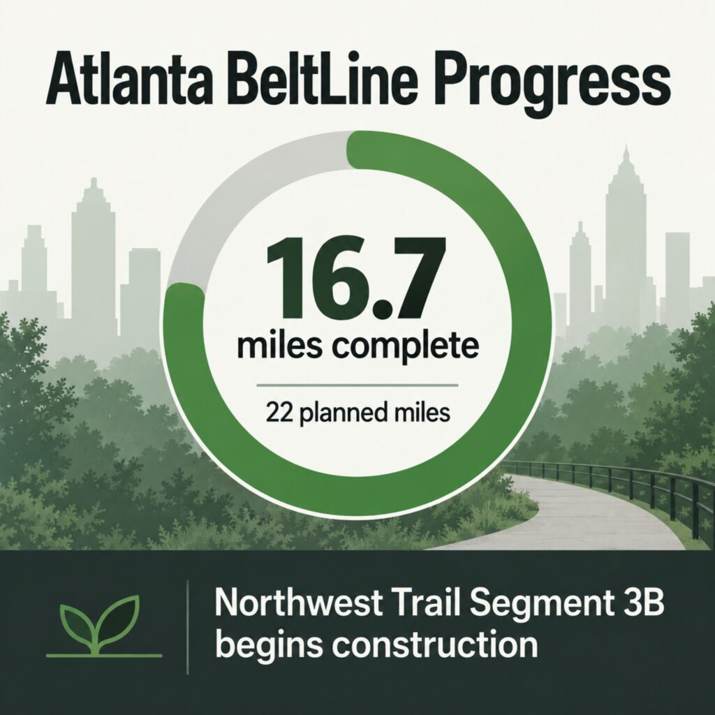 AI-generated illustration showing 16.7 miles complete out of 22 planned Atlanta BeltLine mainline miles.