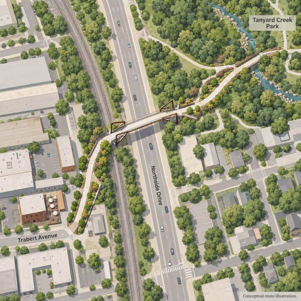 AI-generated illustration of the Northwest Trail route from Trabert Avenue across Northside Drive toward Tanyard Creek Park.