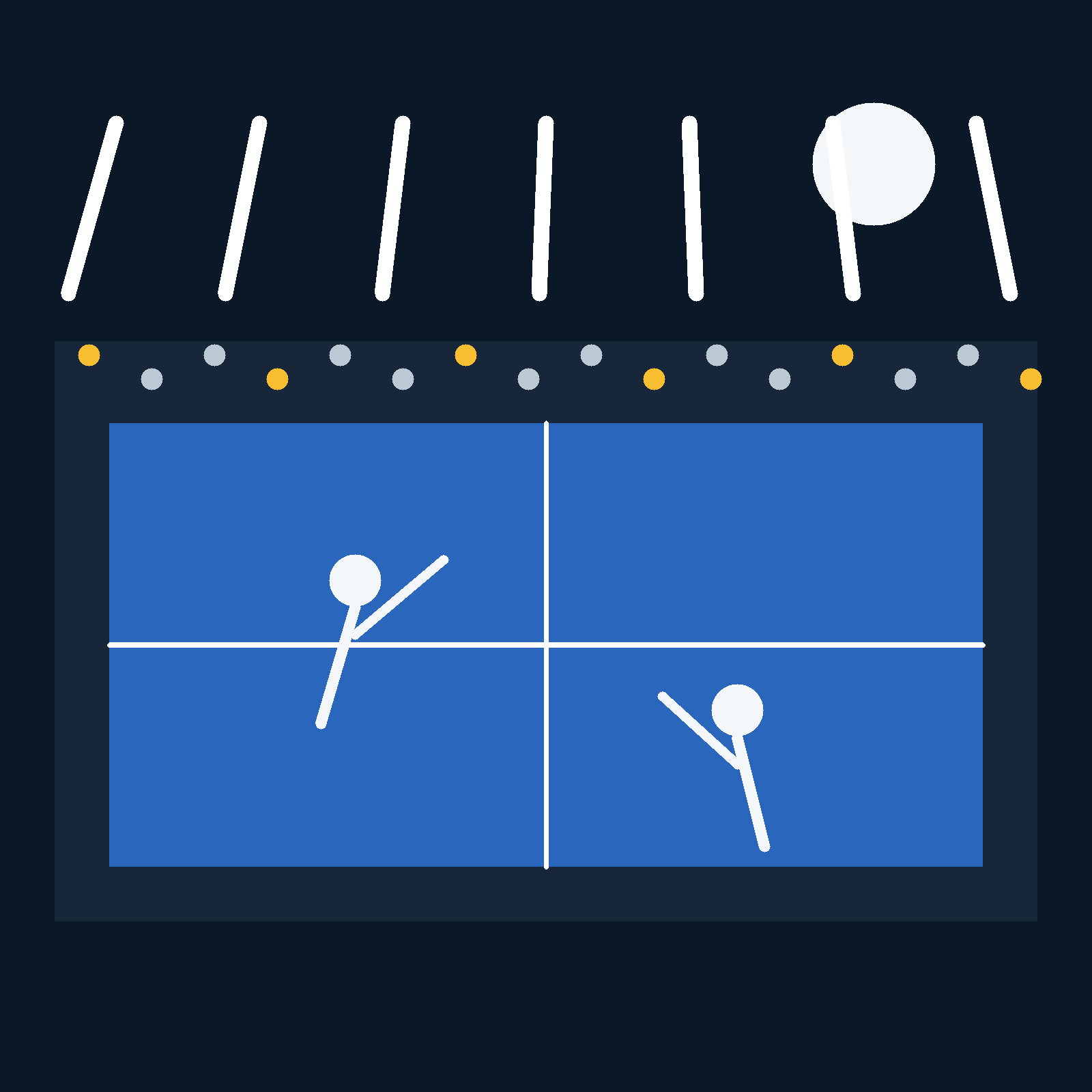 AI-generated illustration of a late-night tennis match in a large stadium without identifiable player likenesses.