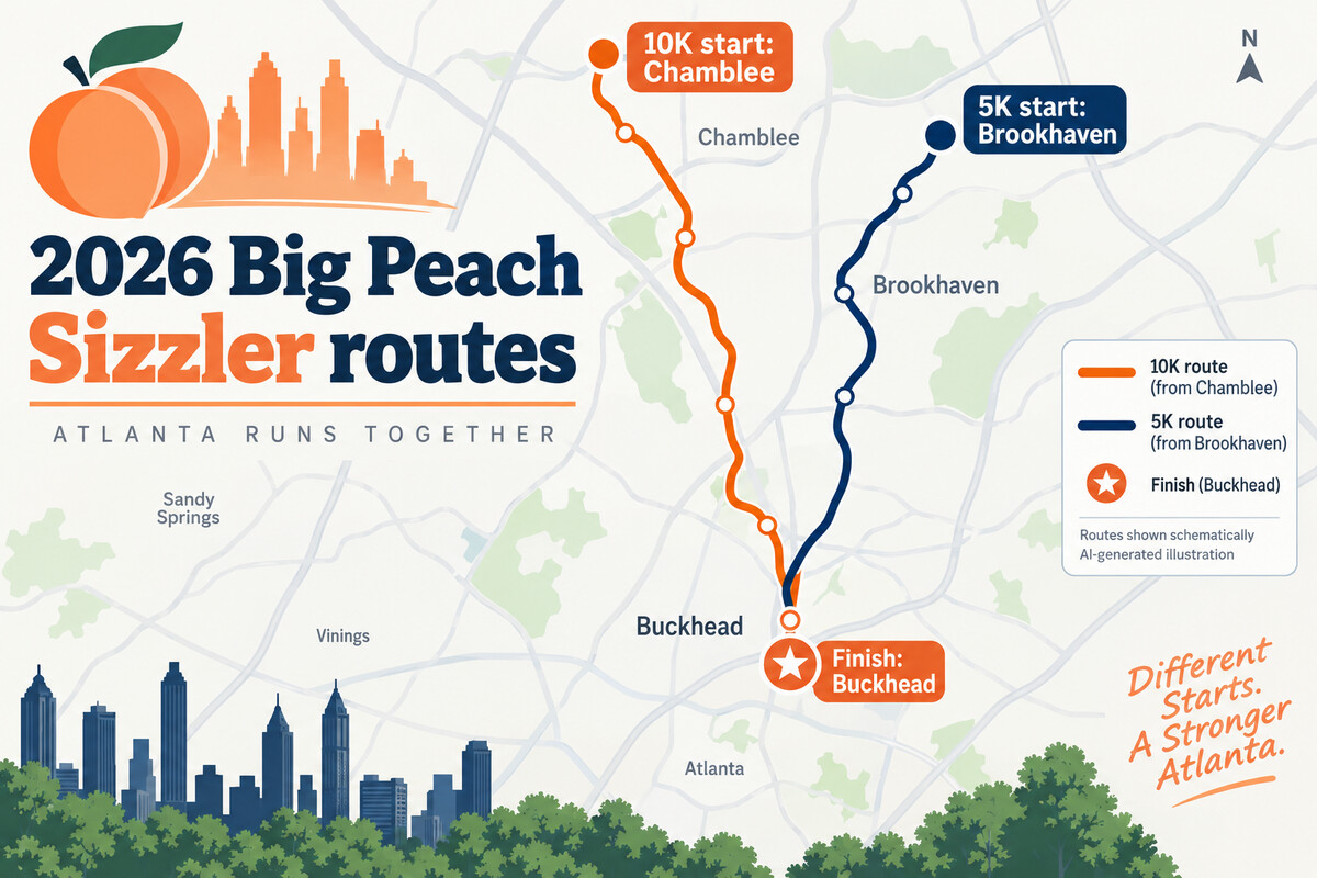 AI-generated illustration mapping the Big Peach Sizzler 10K from Chamblee and 5K from Brookhaven to Buckhead.