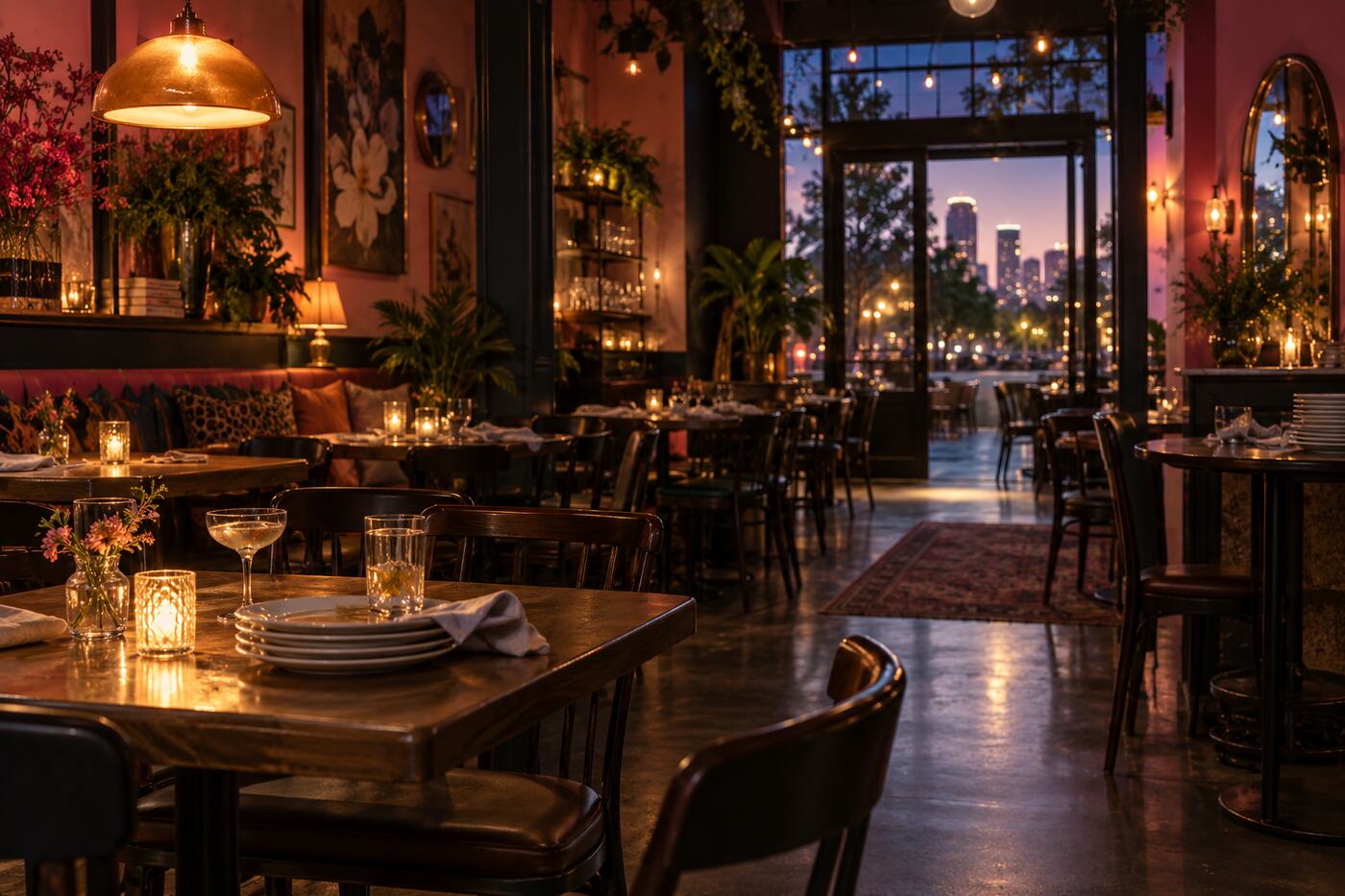 AI-generated illustration of a warmly lit Atlanta restaurant dining room at the end of service