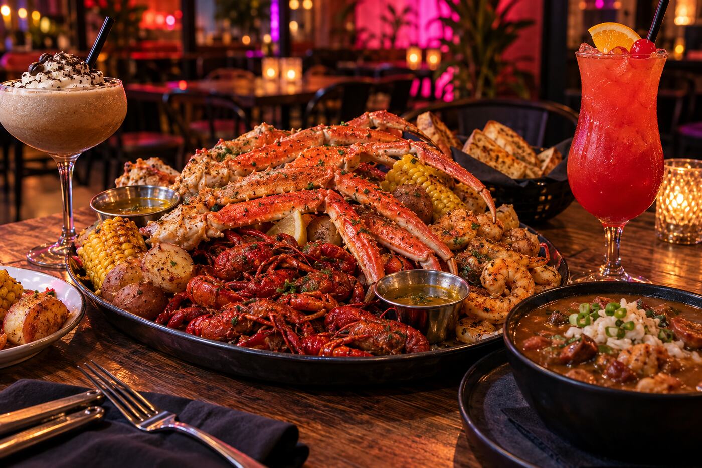 AI-generated illustration of a Viet-Cajun seafood spread with crab, crawfish, shrimp and cocktails