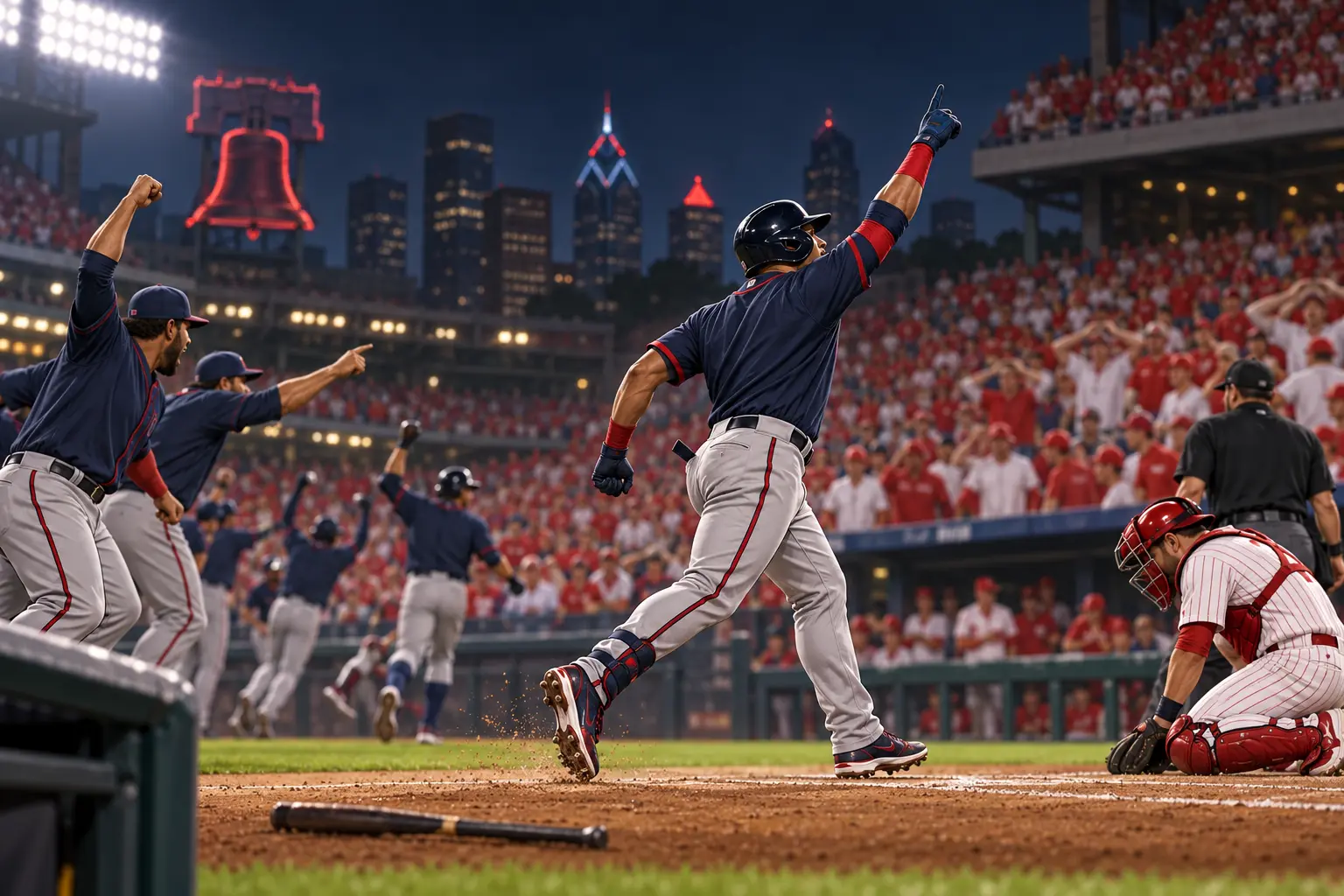 AI-generated illustration of a late-inning baseball comeback in Philadelphia without identifiable player likenesses.