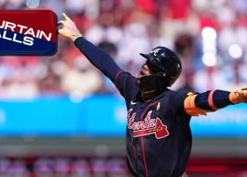 Ronald Acuña Jr. celebrating after his game-tying three-run home run against Philadelphia on September 6, 2026.