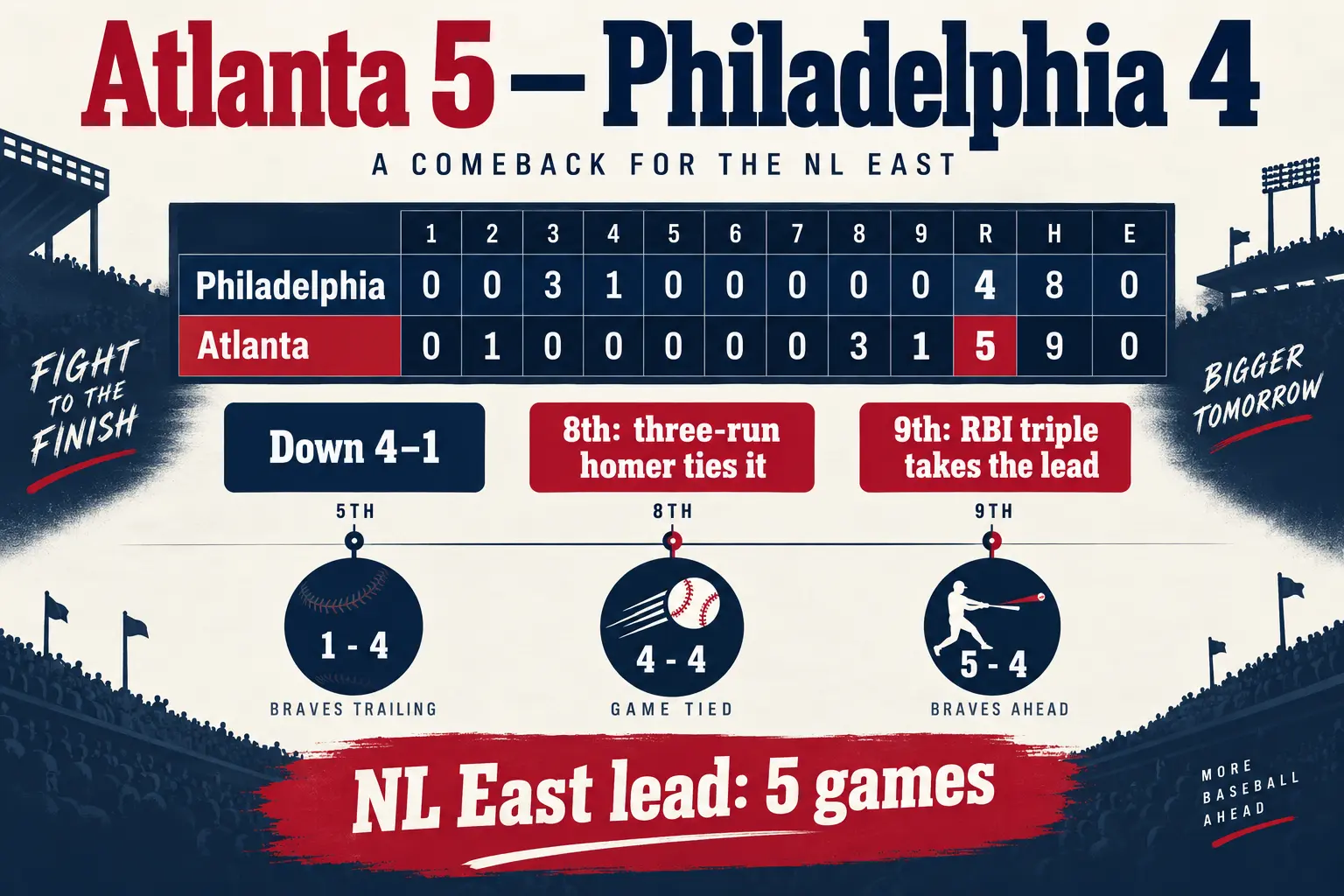 AI-generated illustration showing Atlanta erasing a 4–1 deficit, tying the game in the eighth and taking the lead in the ninth.