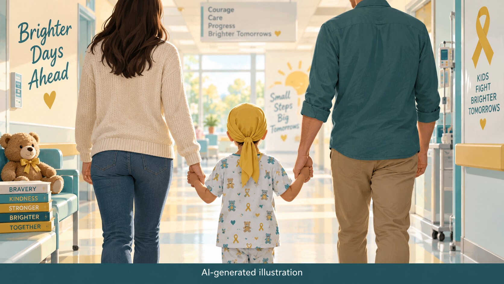 AI-generated illustration of an anonymous child and parents receiving support during pediatric cancer care.