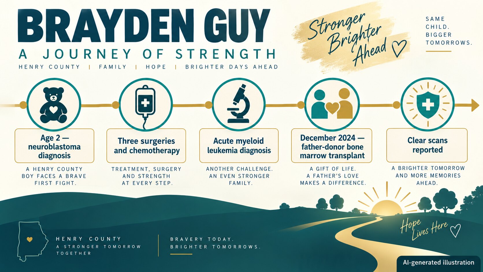 AI-generated illustration showing Brayden Guy’s publicly reported diagnoses, surgeries, chemotherapy, December 2024 bone marrow transplant and clear scans.