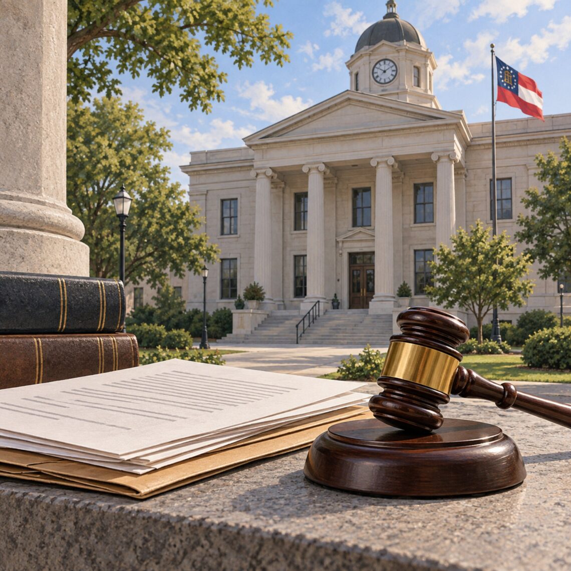 AI-generated illustration of a Georgia courthouse, legal documents and a judge’s gavel, without depicting victims or the defendant.