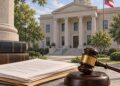 AI-generated illustration of a Georgia courthouse, legal documents and a judge’s gavel, without depicting victims or the defendant.