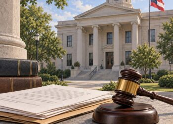 AI-generated illustration of a Georgia courthouse, legal documents and a judge’s gavel, without depicting victims or the defendant.