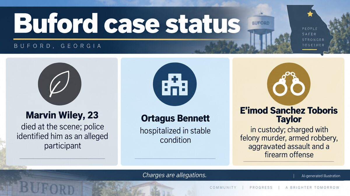 AI-generated illustration summarizing the confirmed status of the three people involved in the Buford armed-robbery investigation.