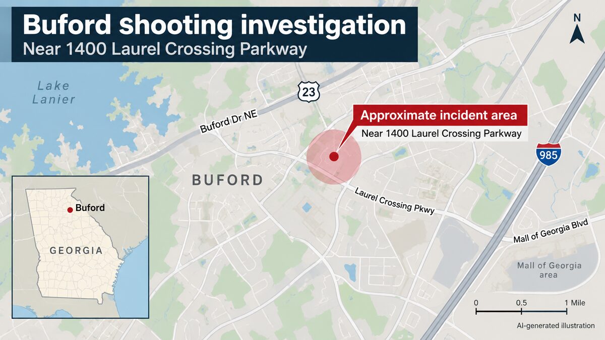 AI-generated illustration locating the incident near 1400 Laurel Crossing Parkway in Buford.