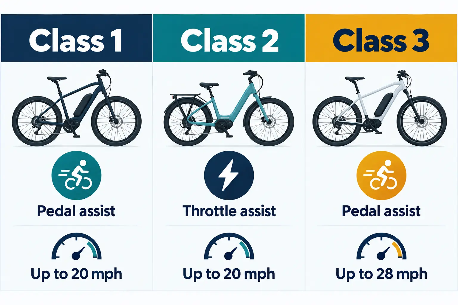 AI-generated illustration comparing pedal-assist and throttle-assist e-bike classes and their common maximum assisted speeds.