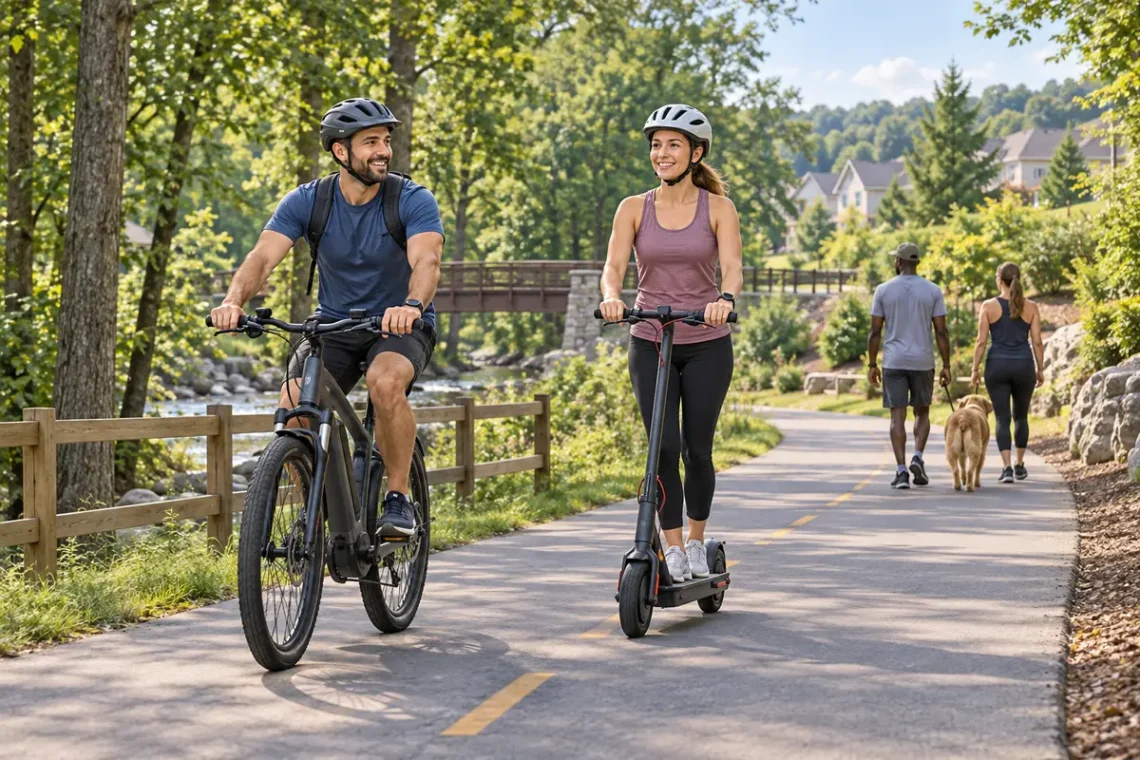 AI-generated illustration of helmeted adults riding an e-bike and e-scooter on a suburban shared-use path.