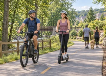 AI-generated illustration of helmeted adults riding an e-bike and e-scooter on a suburban shared-use path.