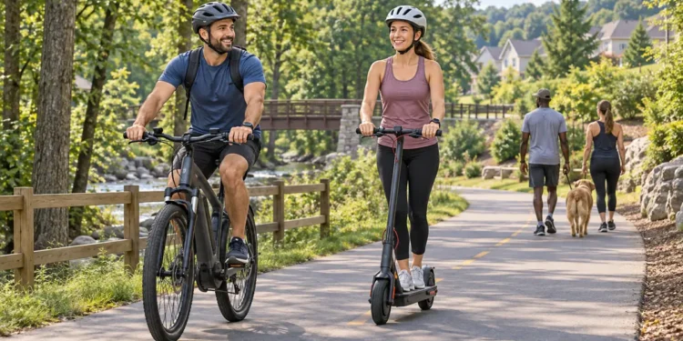 AI-generated illustration of helmeted adults riding an e-bike and e-scooter on a suburban shared-use path.