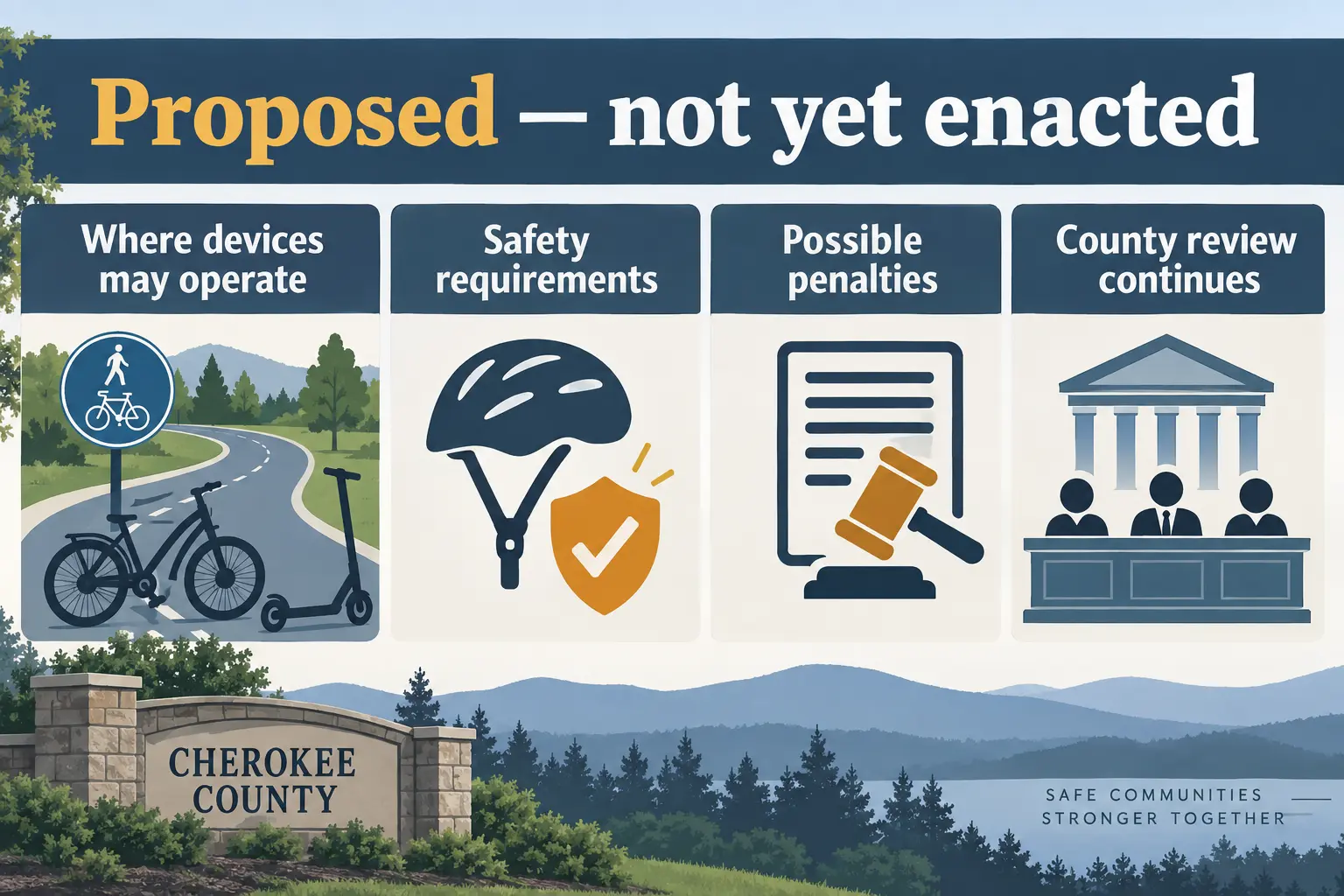 AI-generated illustration explaining that Cherokee County e-bike and e-scooter rules remain proposed, with location, safety and penalty questions under review.