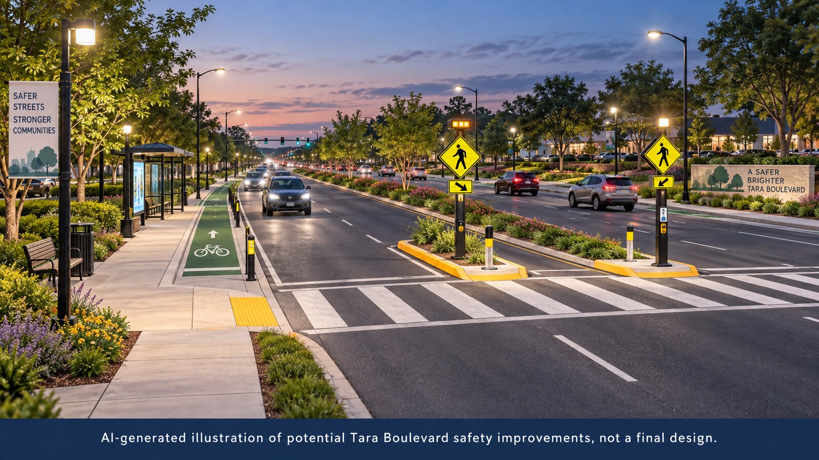 AI-generated illustration of sidewalks, lighting and a protected crossing on Tara Boulevard.