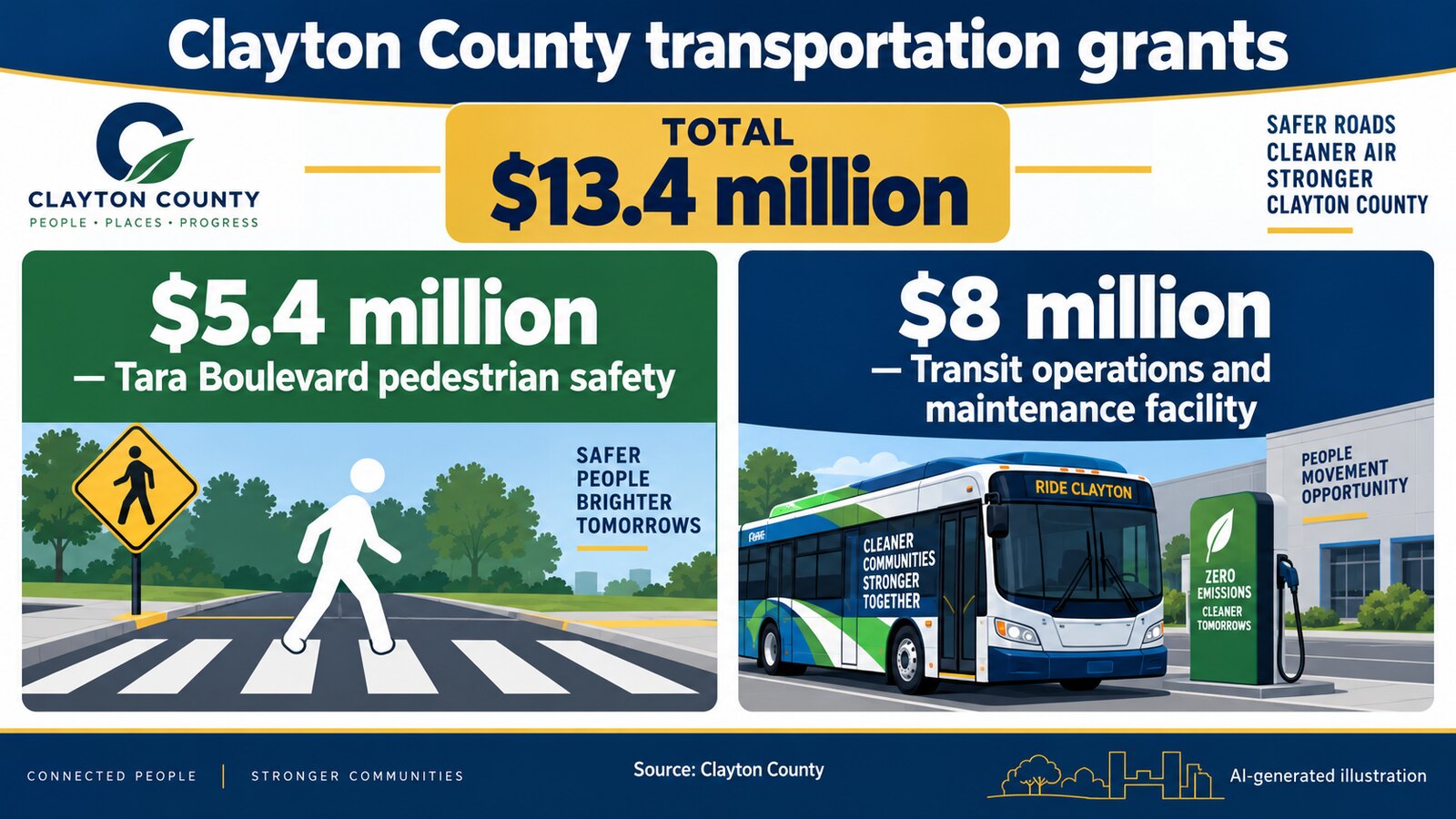AI-generated illustration showing $5.4 million for pedestrian safety and $8 million for transit infrastructure.